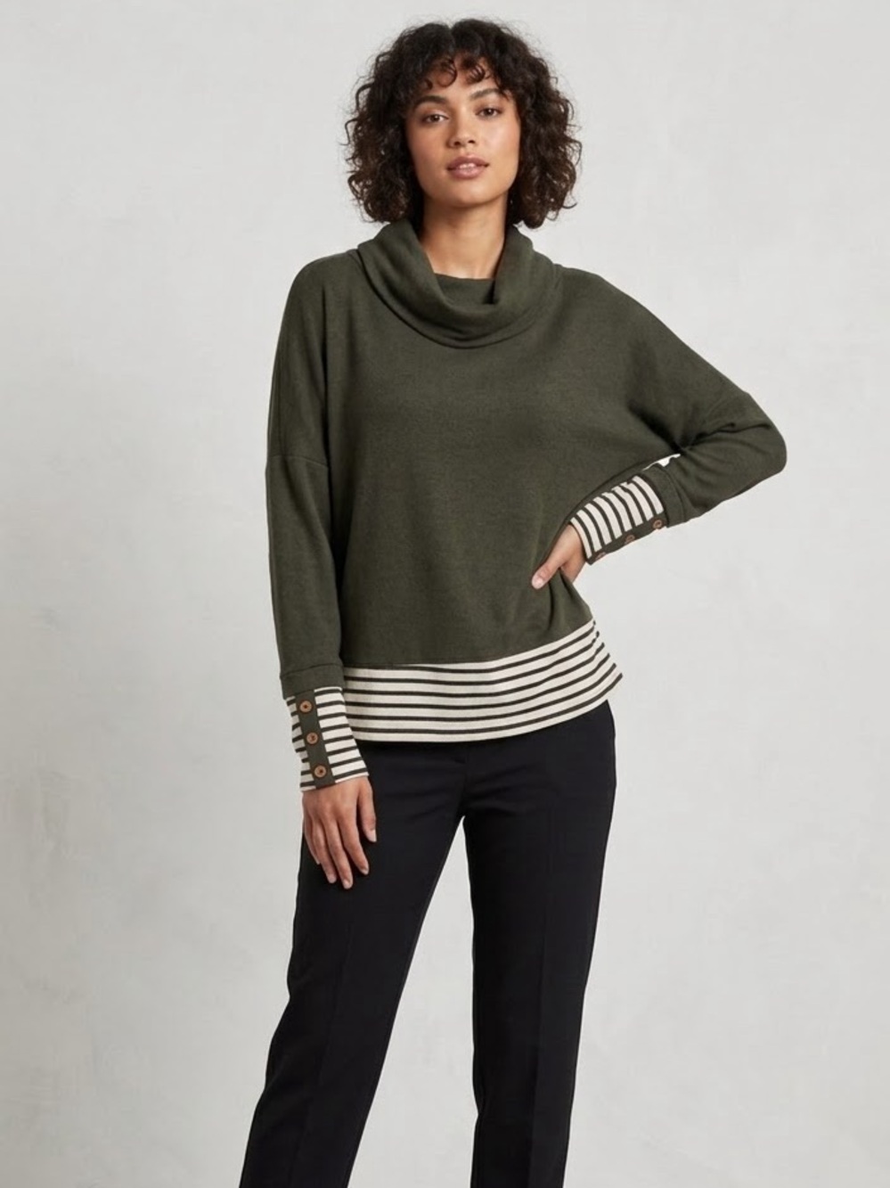 NWT Lovely Melody Olive Green Cowl Neck Pullover Stripe Cuff Tunic Top XXL